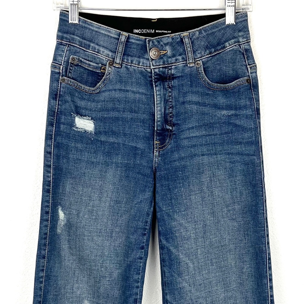 INC Denim Sculpting Fit Wide Leg Jeans Medium Wash Frayed Hem 0/25 Distressed - Picture 3 of 8